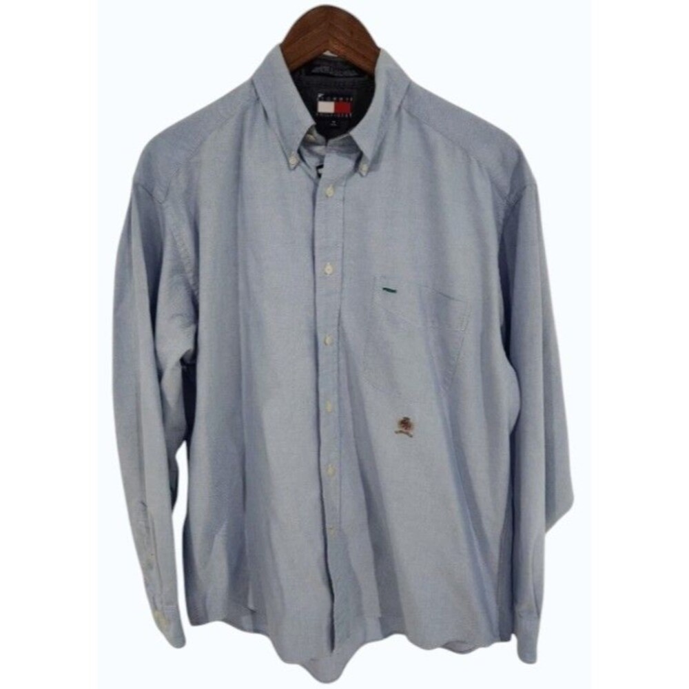 Vintage Tommy Hilfiger Oxford Shirt Light Blue Long Sleeve Embroidered Crest - M